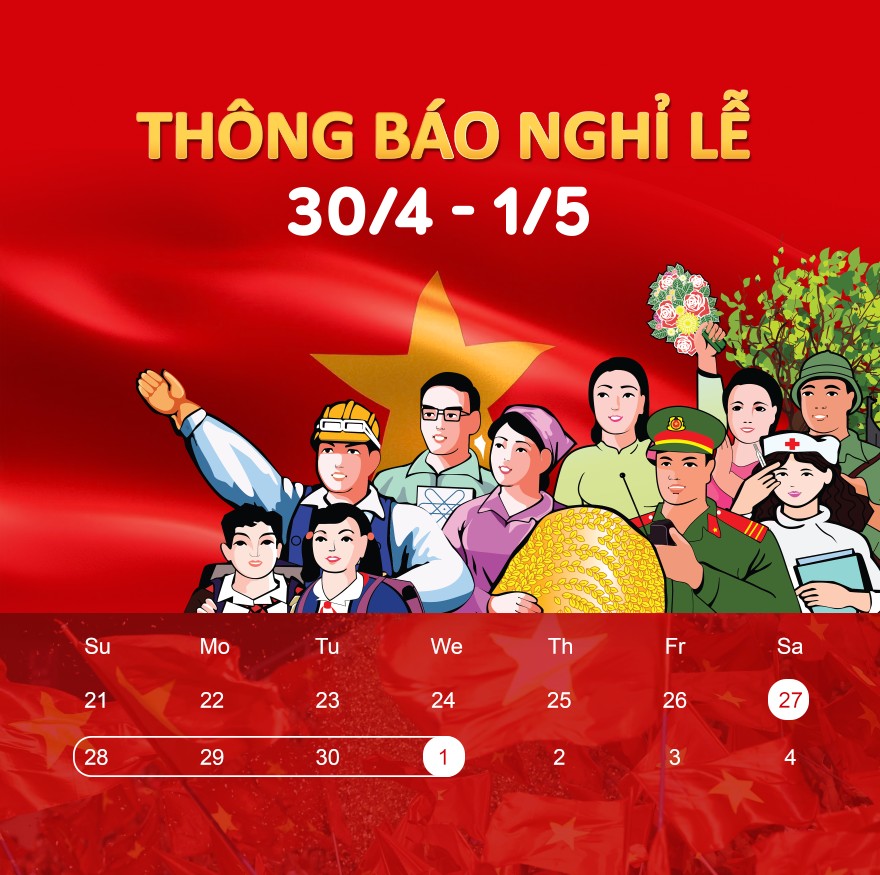 Holiday Announcement Banner for Vietnam Reunification Day and International Workers' Day, Red Background with Vietnamese Flag and Worker Portraits, Thông báo nghỉ lễ 30/4 và 1/5